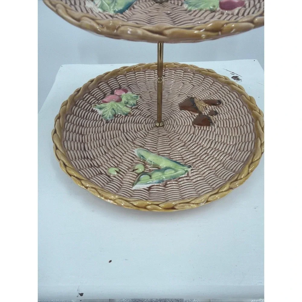 Vintage Ceramic 2-Tier Serving Tray Stand Basketweave Vegetable Motif‎ Country